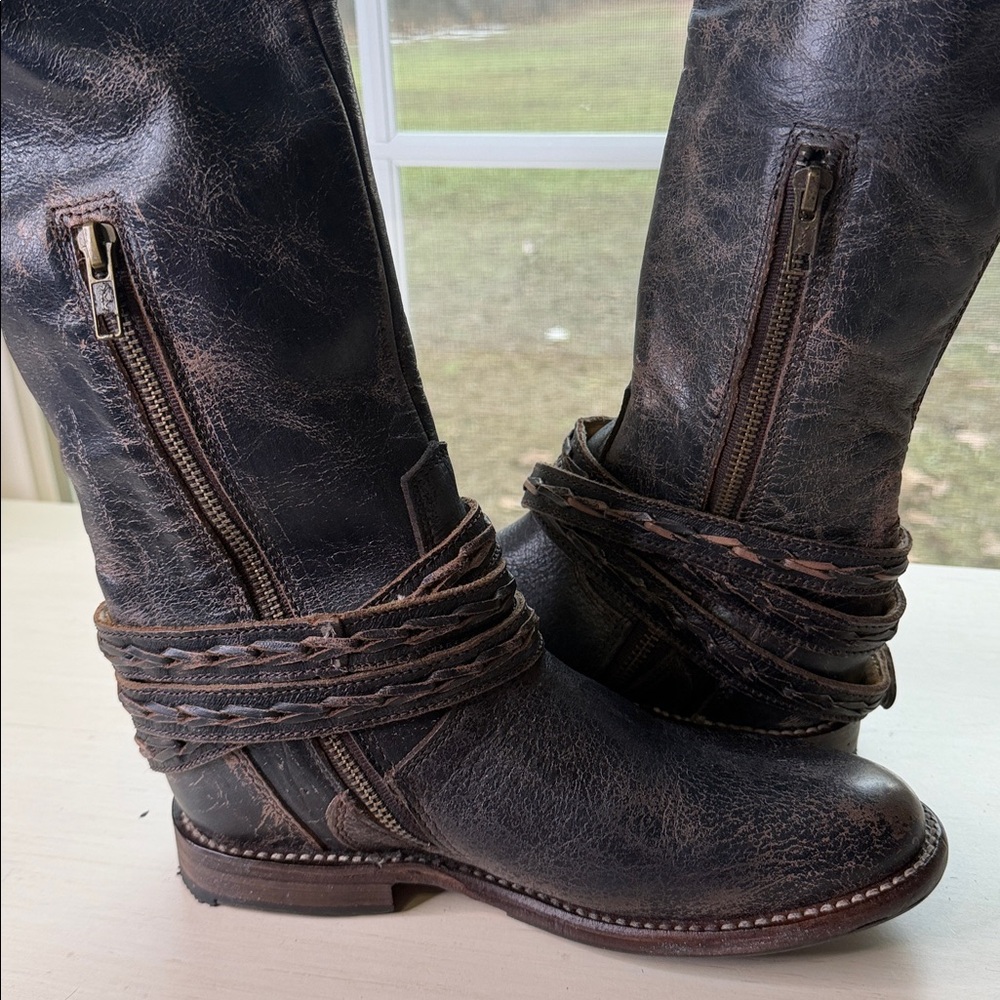 Bed Stu Eva Black Luxe Women’s knee-high boots rwoven leather strap Size 6